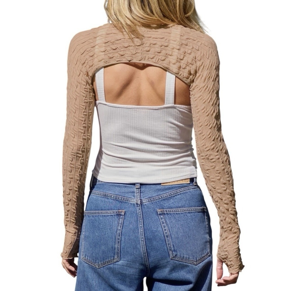 Cupshe Beige Textured Long Sleeve Cropped Shrug Women's Sz XL Boho Festival NWT